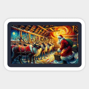 Santa & Reindeer Under Starry Skies - Van Gogh-Inspired Art Prints Sticker